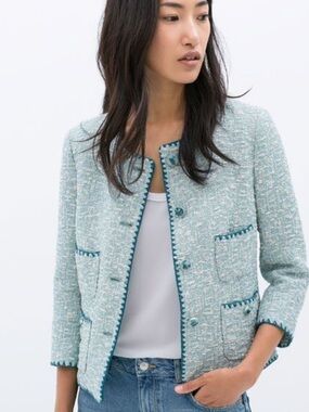 Zara Light Blue Embroidered Jacquard Jacket